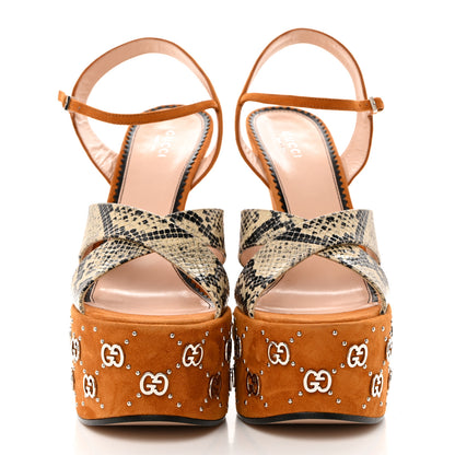 Gucci Malaga Kid Suede Snakeskin Interlocking G Studs 155mm Platform Sandals 40.5 Beige Cognac 2 of 8