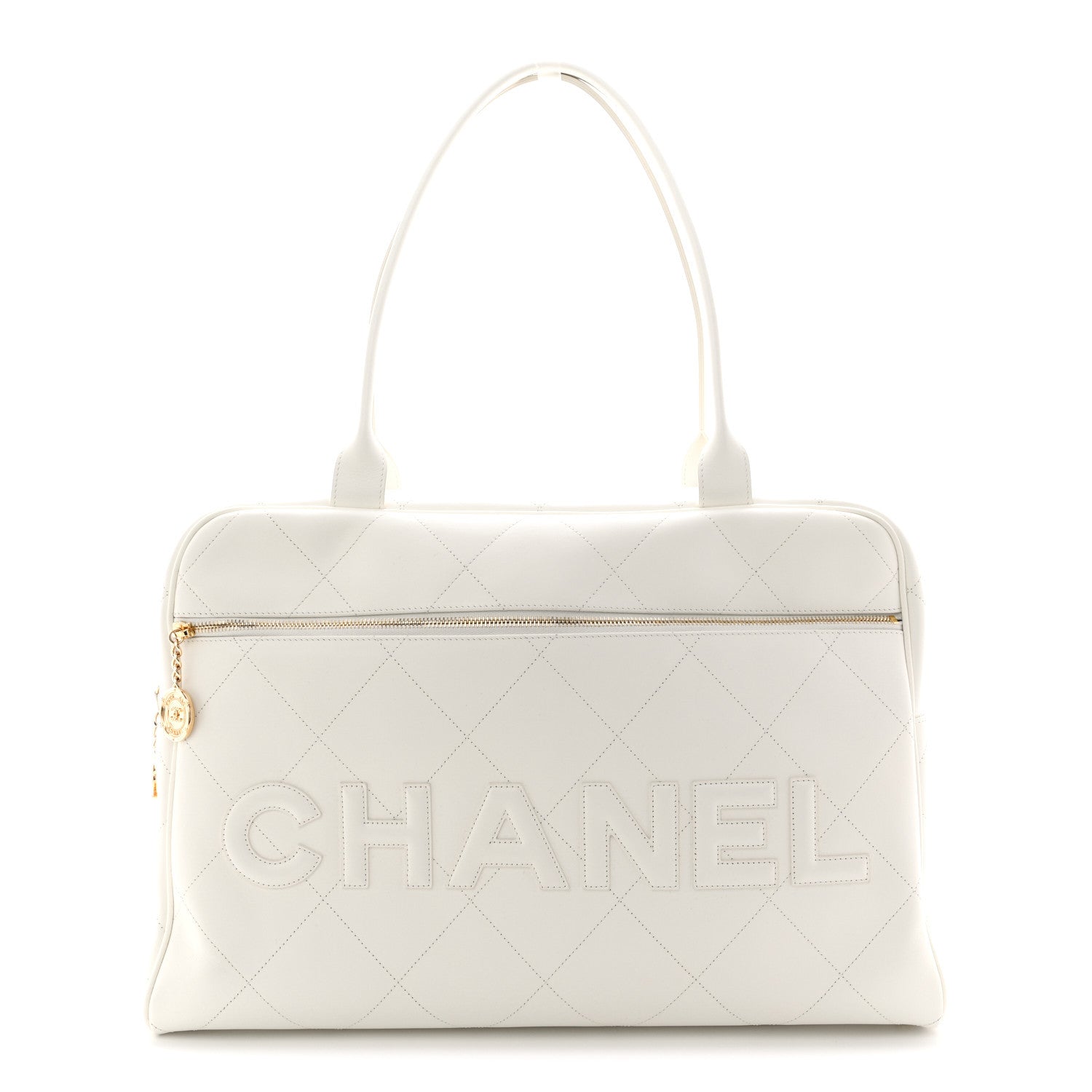 Chanel Calfskin Stitched Maxi Logo Bowling Bag White 2 of 21