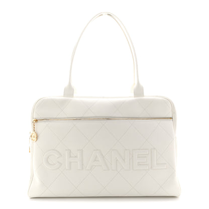 Chanel Calfskin Stitched Maxi Logo Bowling Bag White 2 of 21