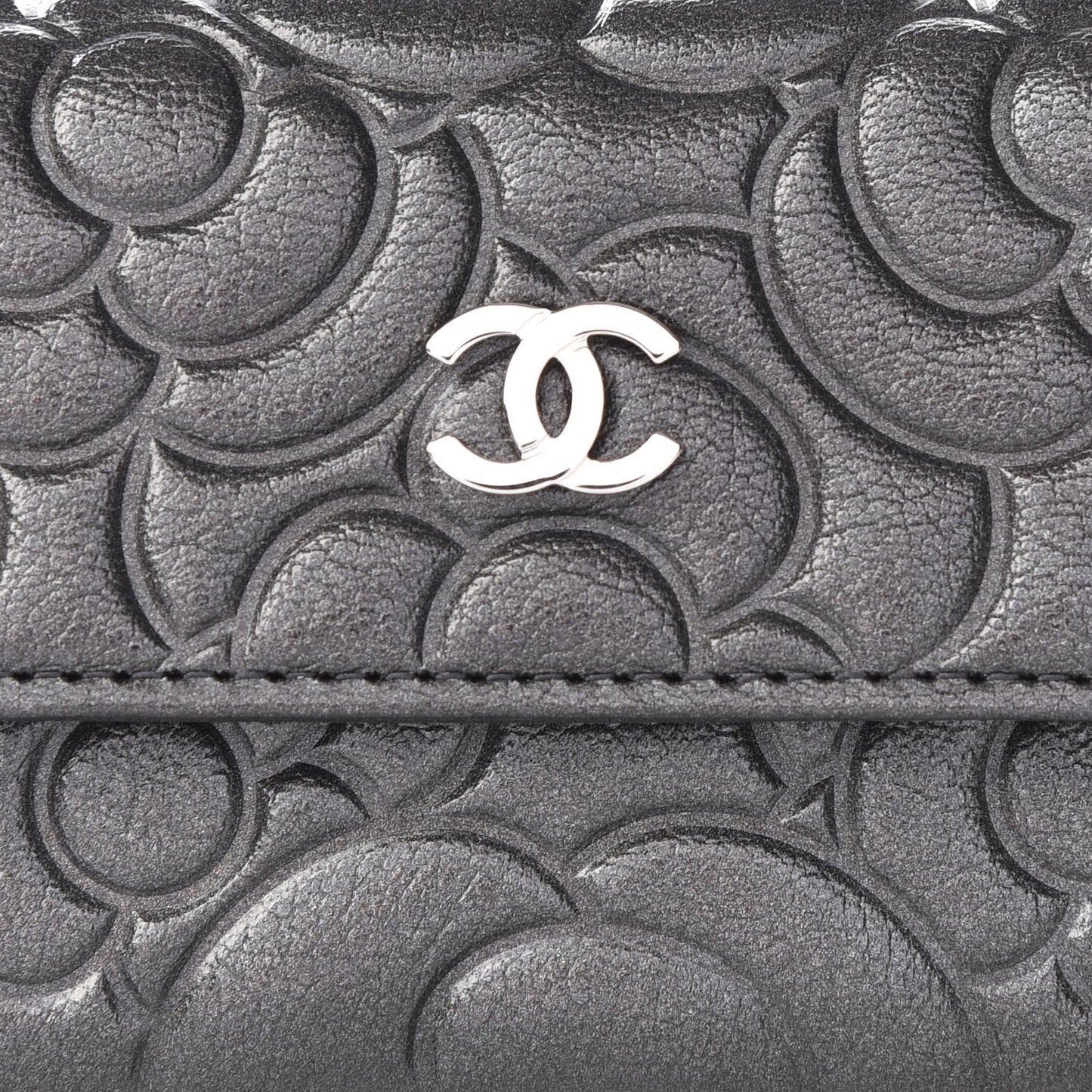 Goatskin Camellia Embossed Flap Card Holder Wallet Grey