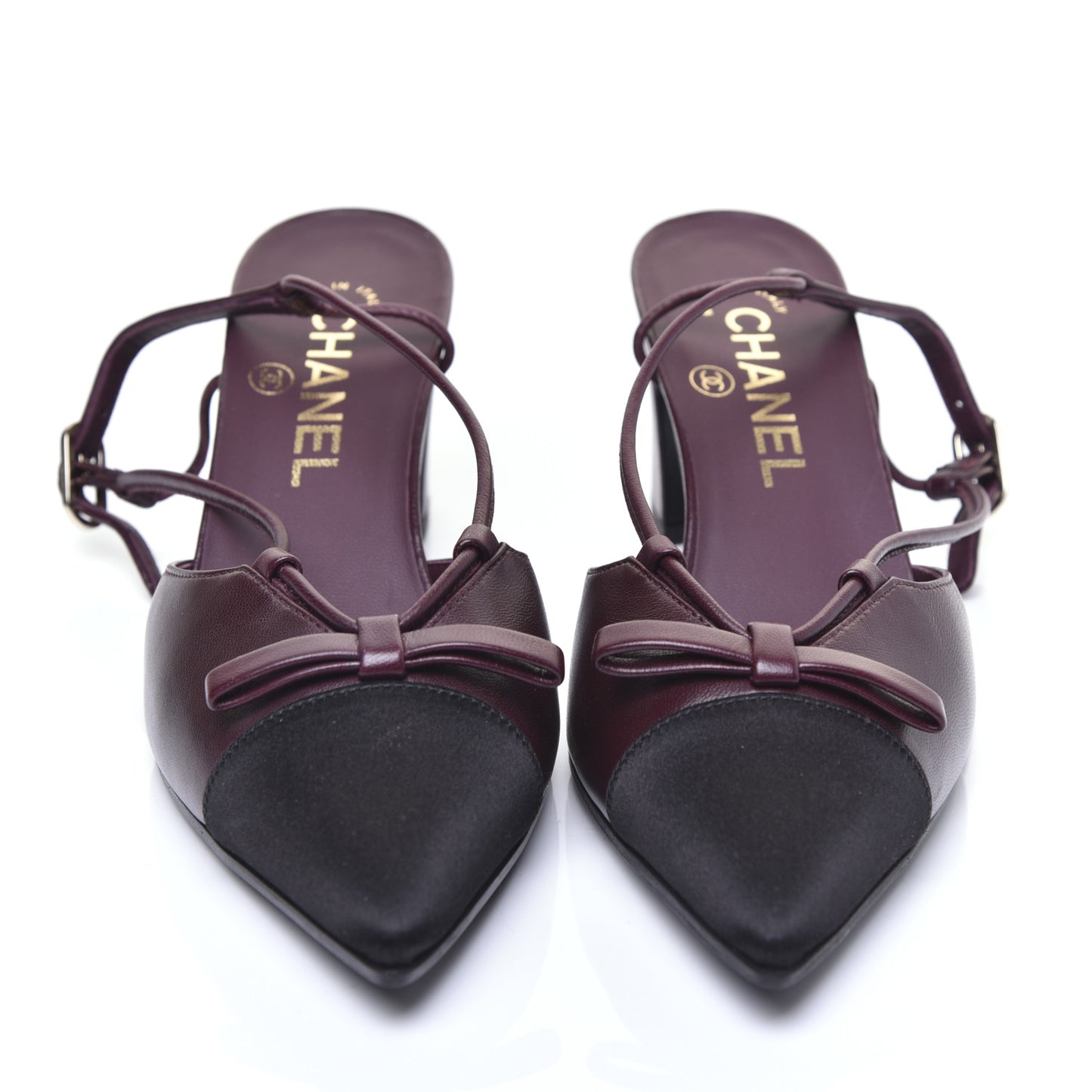 Lambskin Satin Slingback Cap Toe Bow Pumps 36.5 Burgundy Black