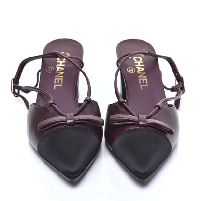 Chanel Lambskin Satin Slingback Cap Toe Bow Pumps 36.5 Burgundy Black 2 of 14
