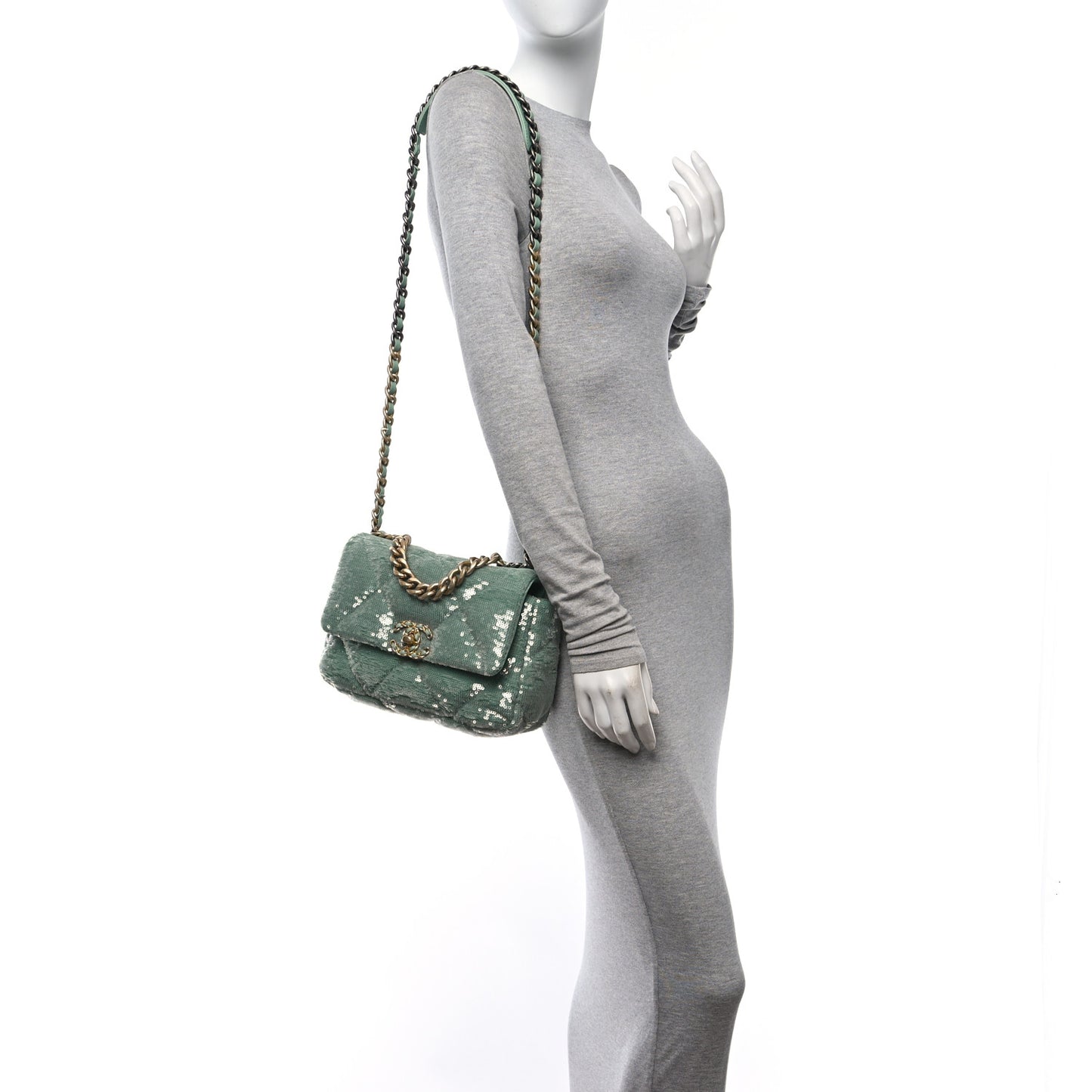 Sequin Quilted Medium Chanel 19 Flap Light Green
