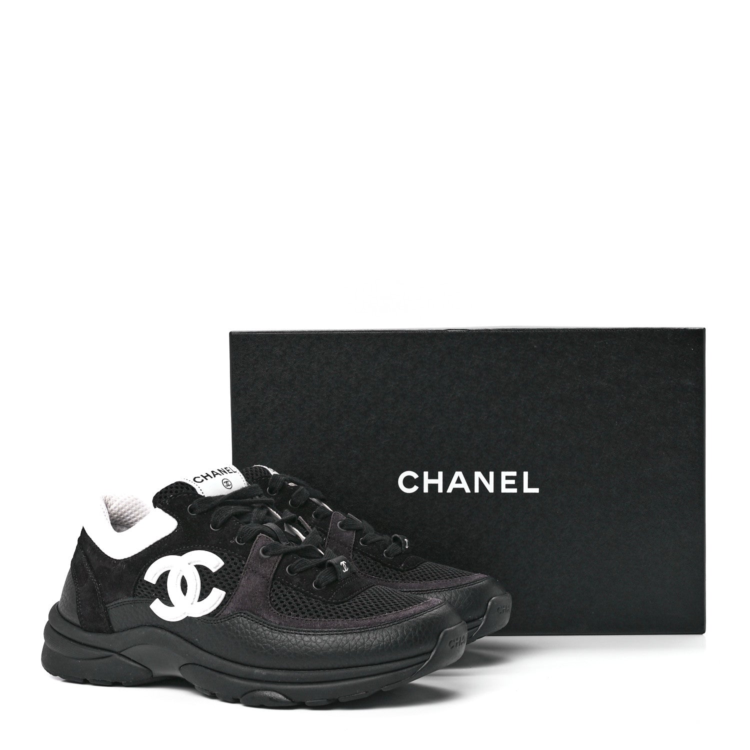 Chanel Mesh Suede Grained Calfskin Womens CC Sneakers 38 Black White 9 of 9