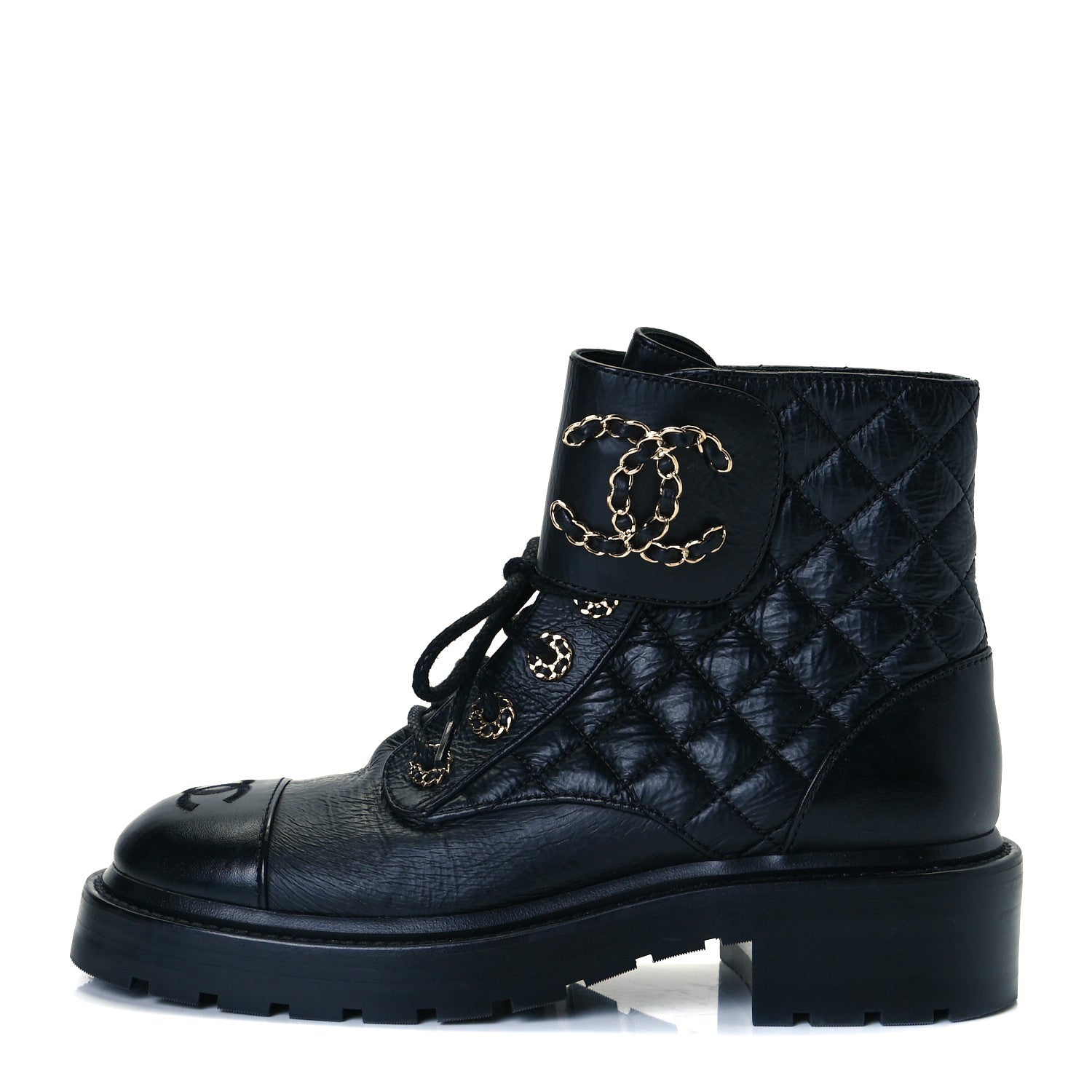 Chanel Shiny Goatskin Calfskin Quilted Lace Up Combat Boots 36.5 Black 1 of 9