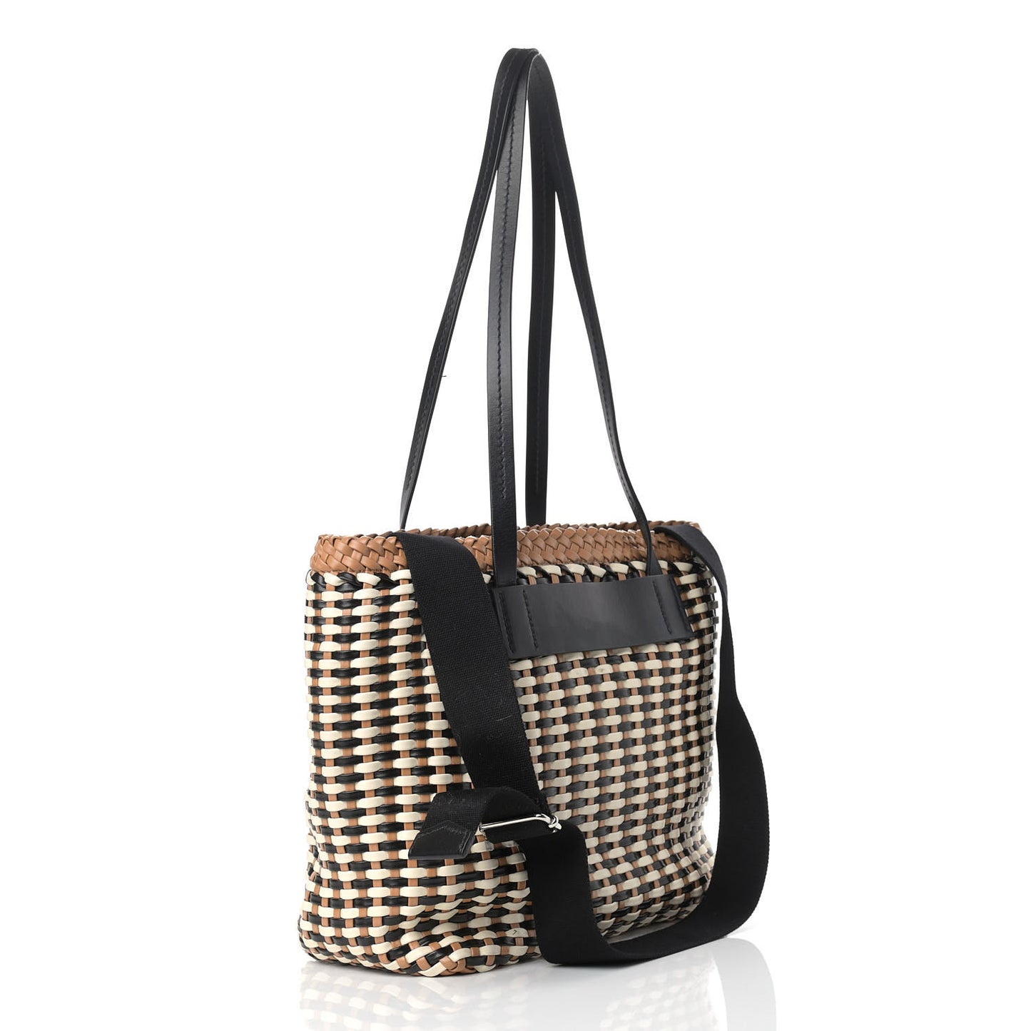 Polyurethane Calfskin Woven Bi-Color Tote Beige Black