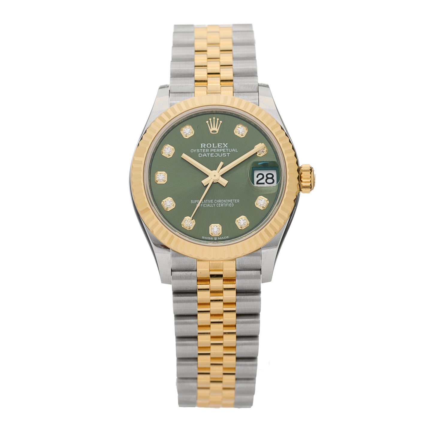 Stainless Steel 18K Yellow Gold Diamond 31mm Oyster Perpetual Datejust Watch Olive Green 278273