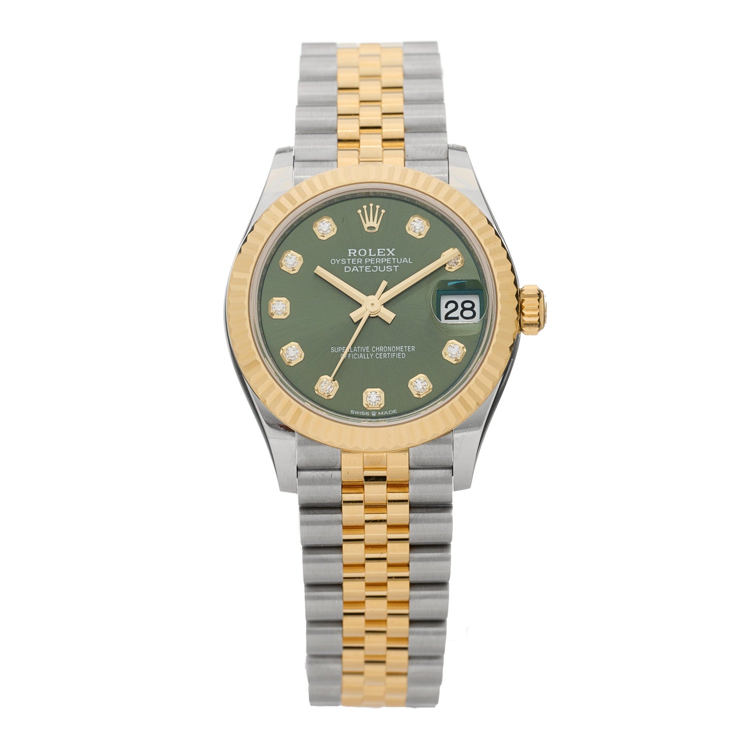 Rolex Stainless Steel 18K Yellow Gold Diamond 31mm Oyster Perpetual Datejust Watch Olive Green 278273 1 of 5