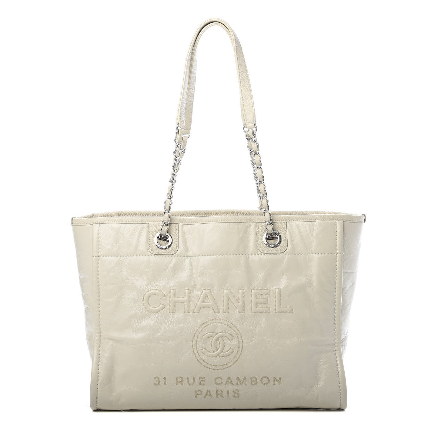 Glazed Calfskin Small Deauville Tote Ivory