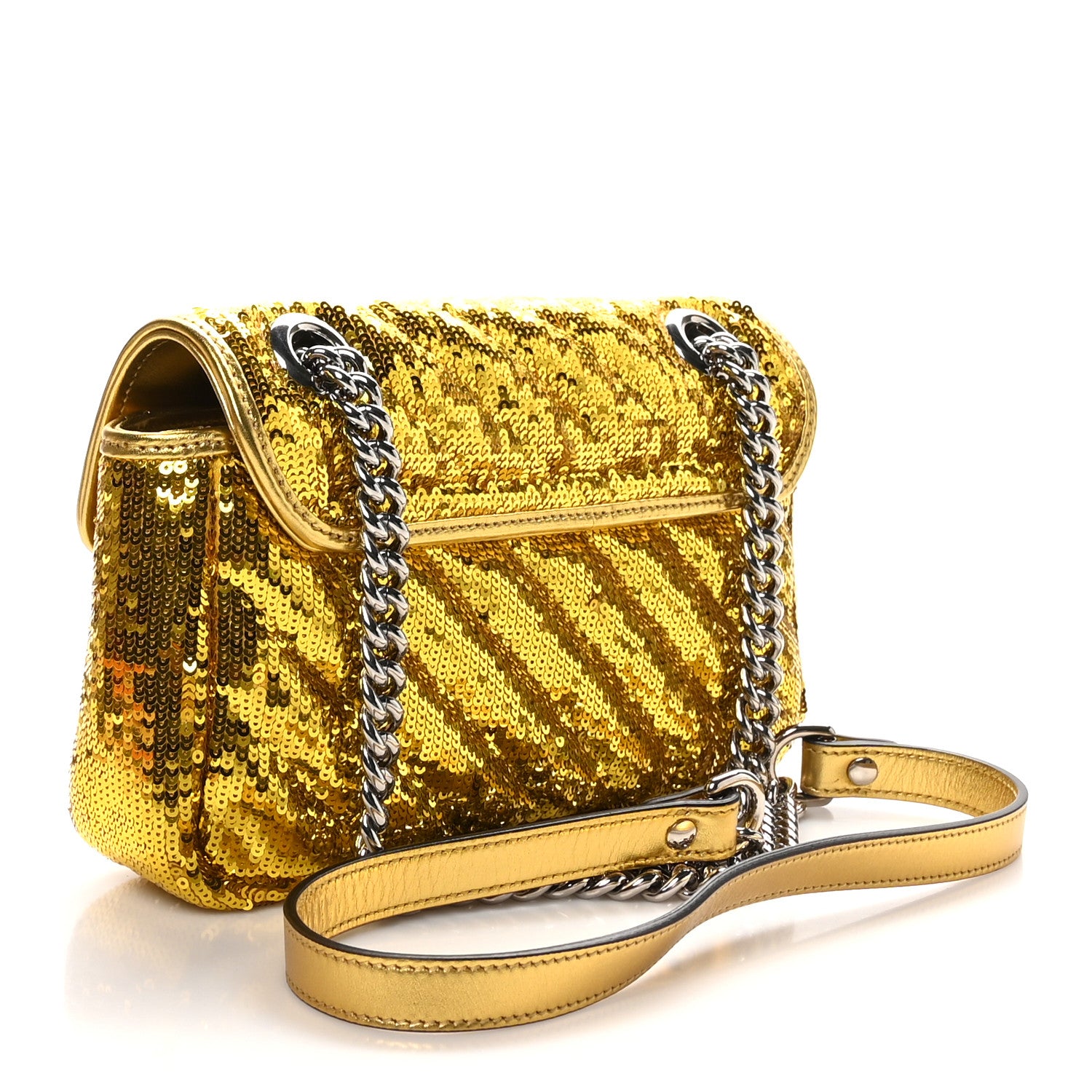 Gucci Sequin Matelasse Diagonal Mini GG Marmont Shoulder Bag Gold 3 of 10