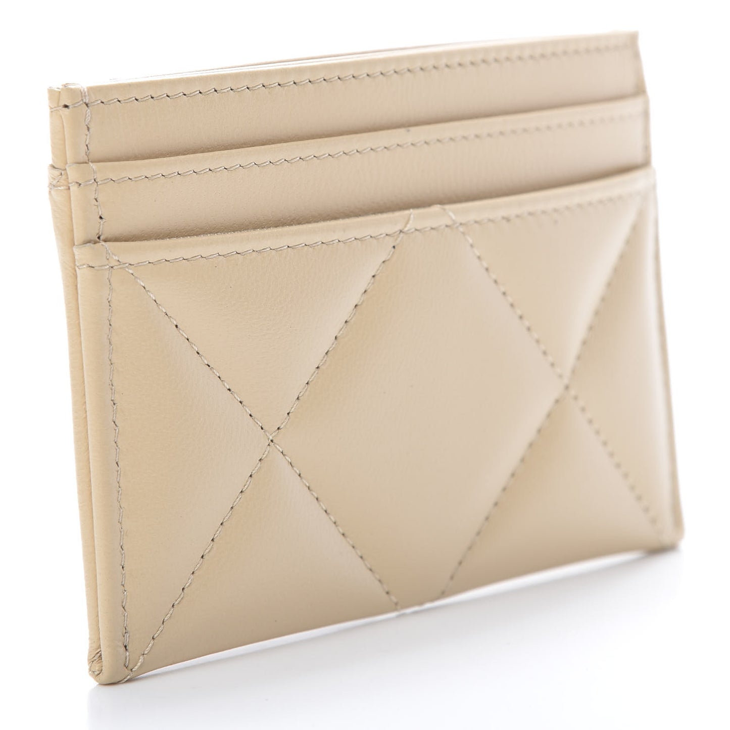 Shiny Goatskin Quilted Chanel 19 Card Holder Beige