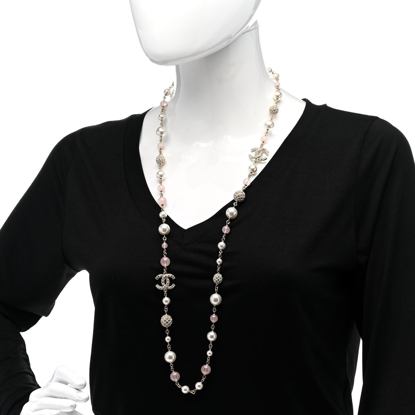 Pearl Beaded Crystal CC Long Necklace Gold Pearly White Pink