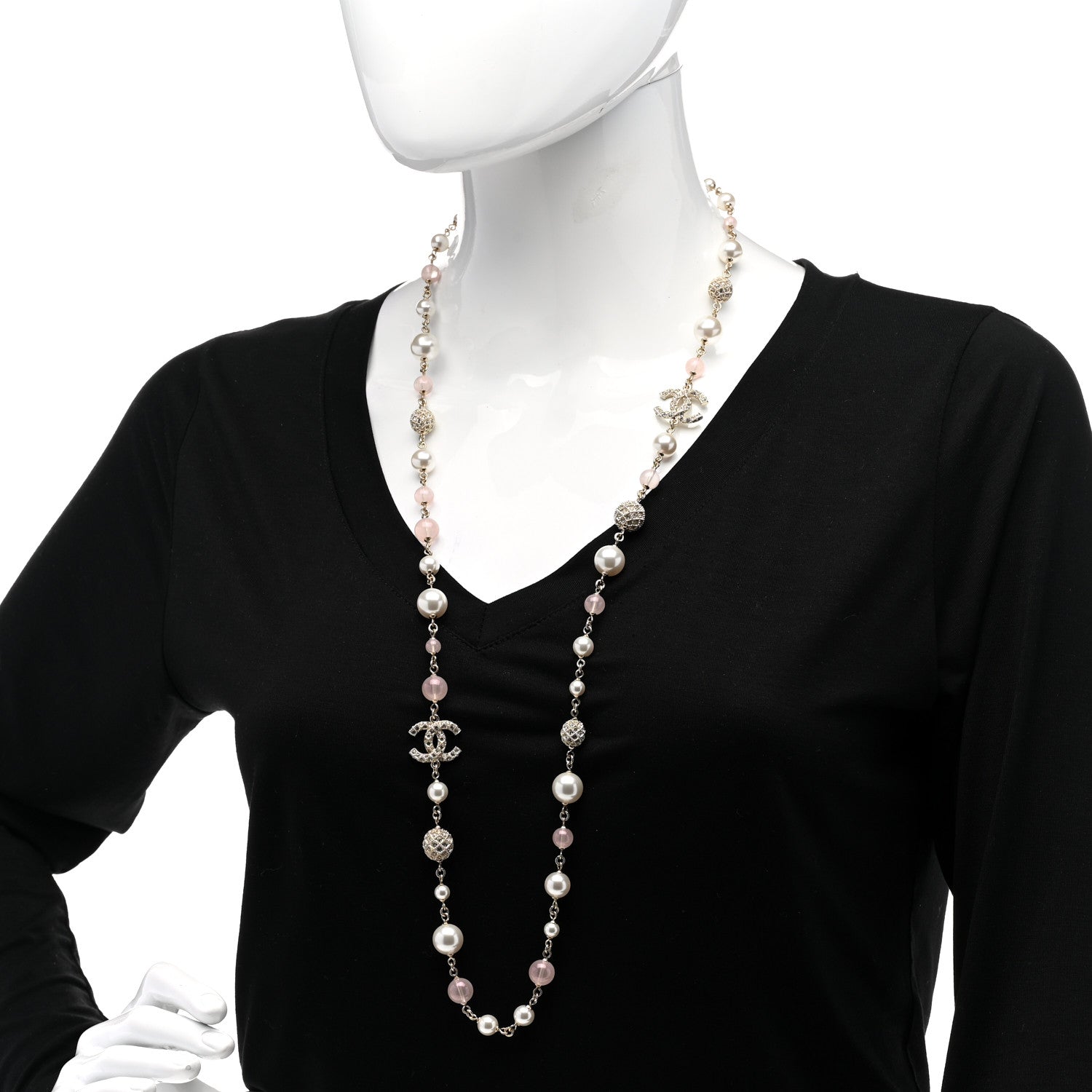 Chanel Pearl Beaded Crystal CC Long Necklace Gold Pearly White Pink 2 of 6
