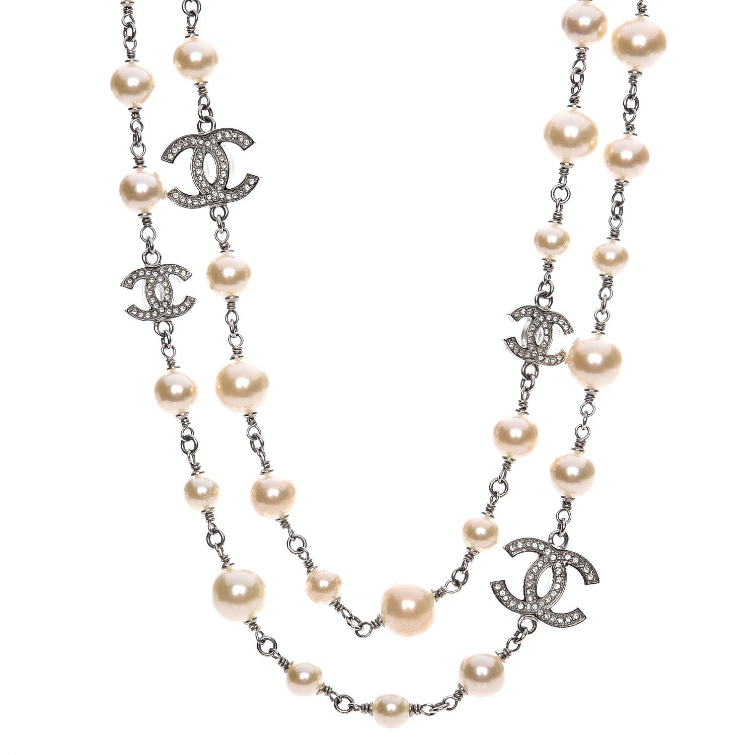 Chanel Crystal Pearl CC Long Necklace Silver 1 of 6