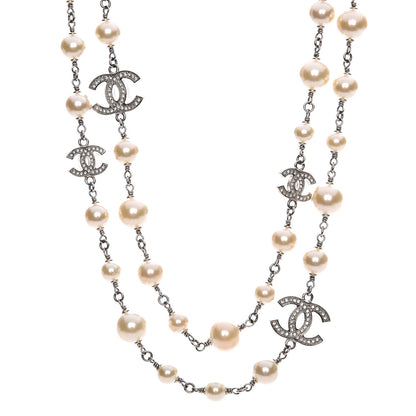 Chanel Crystal Pearl CC Long Necklace Silver 1 of 6