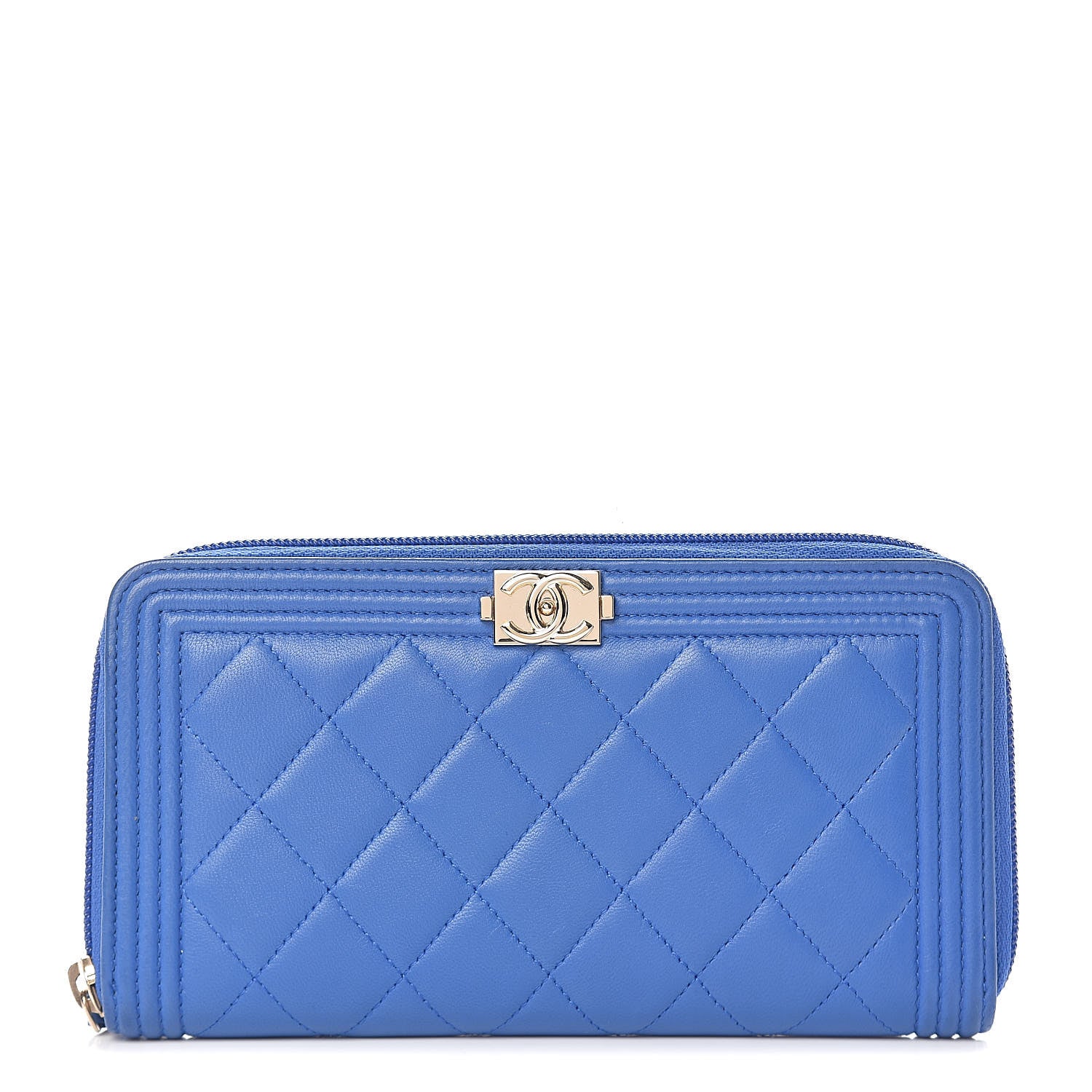 Chanel Lambskin Quilted Boy Zip Around Wallet Blue 1 of 10