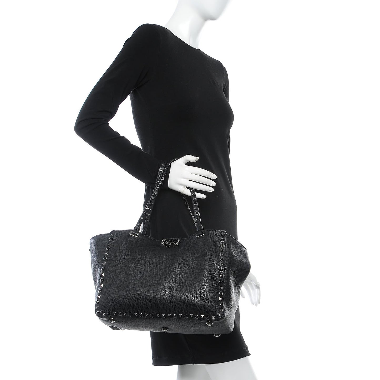 Grained Calfskin Onyx Medium Rockstud Rolling Tote Black