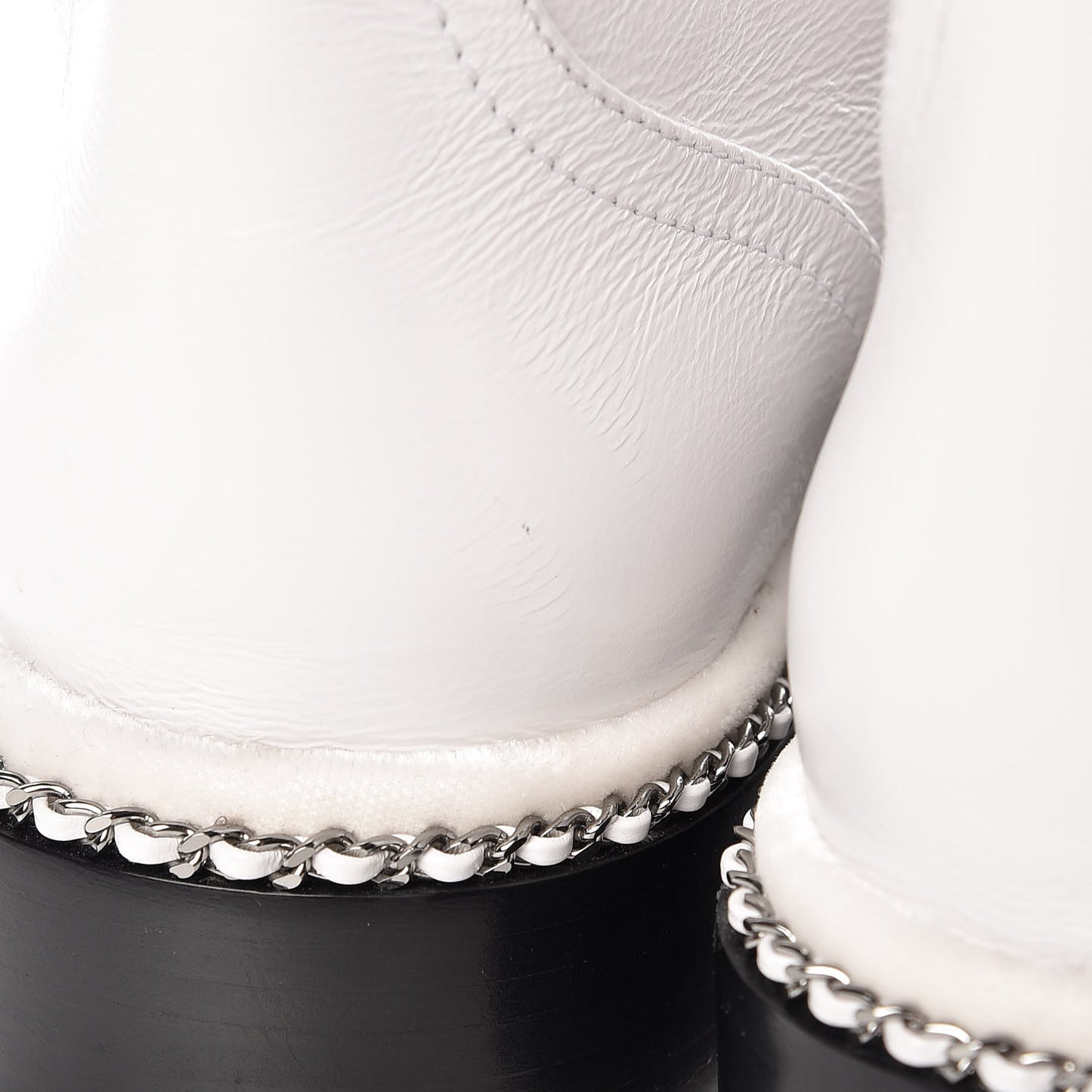 Crackled Calfskin Pearl Chain CC Combat Short Boots 40 White