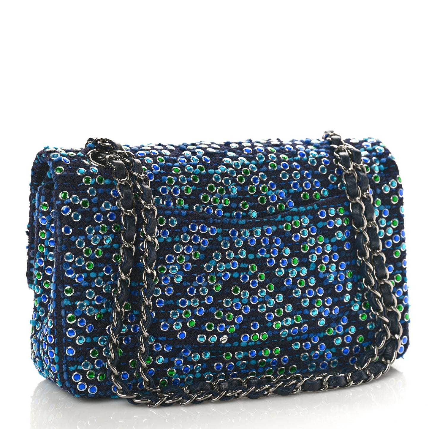 Tweed Crystal Quilted Embroidered Medium Double Flap Navy