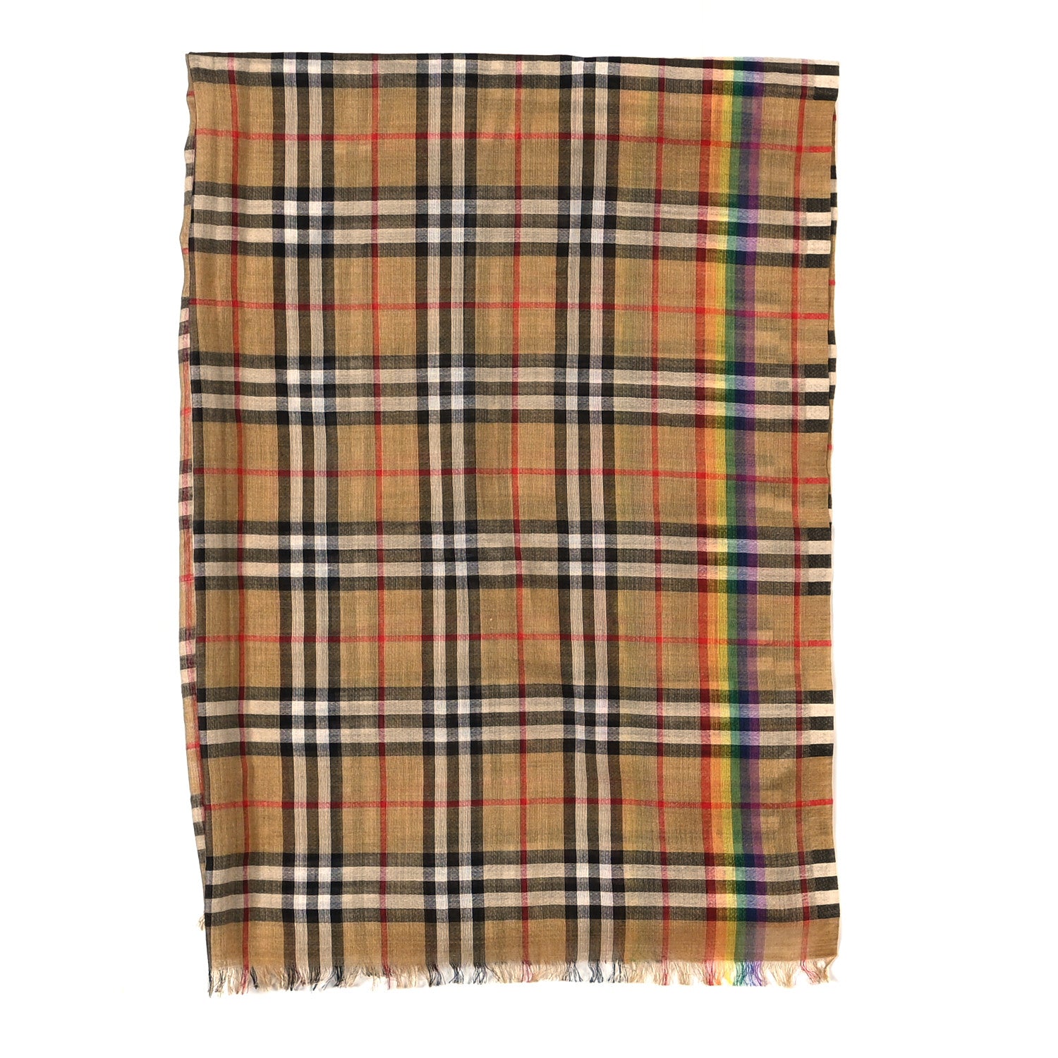 Burberry Wool Silk Vintage Rainbow Check Fringe Scarf Antique Yellow 2 of 3