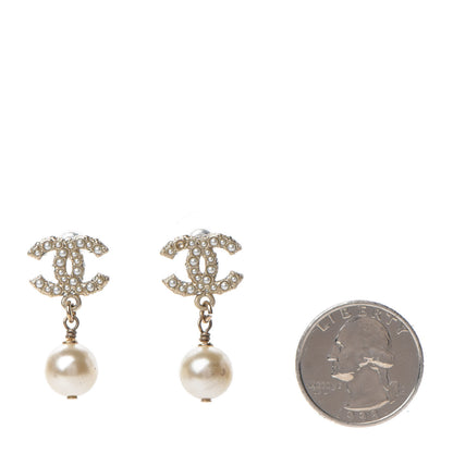 Chanel Pearl Crystal CC Drop Earrings Gold 2 of 6