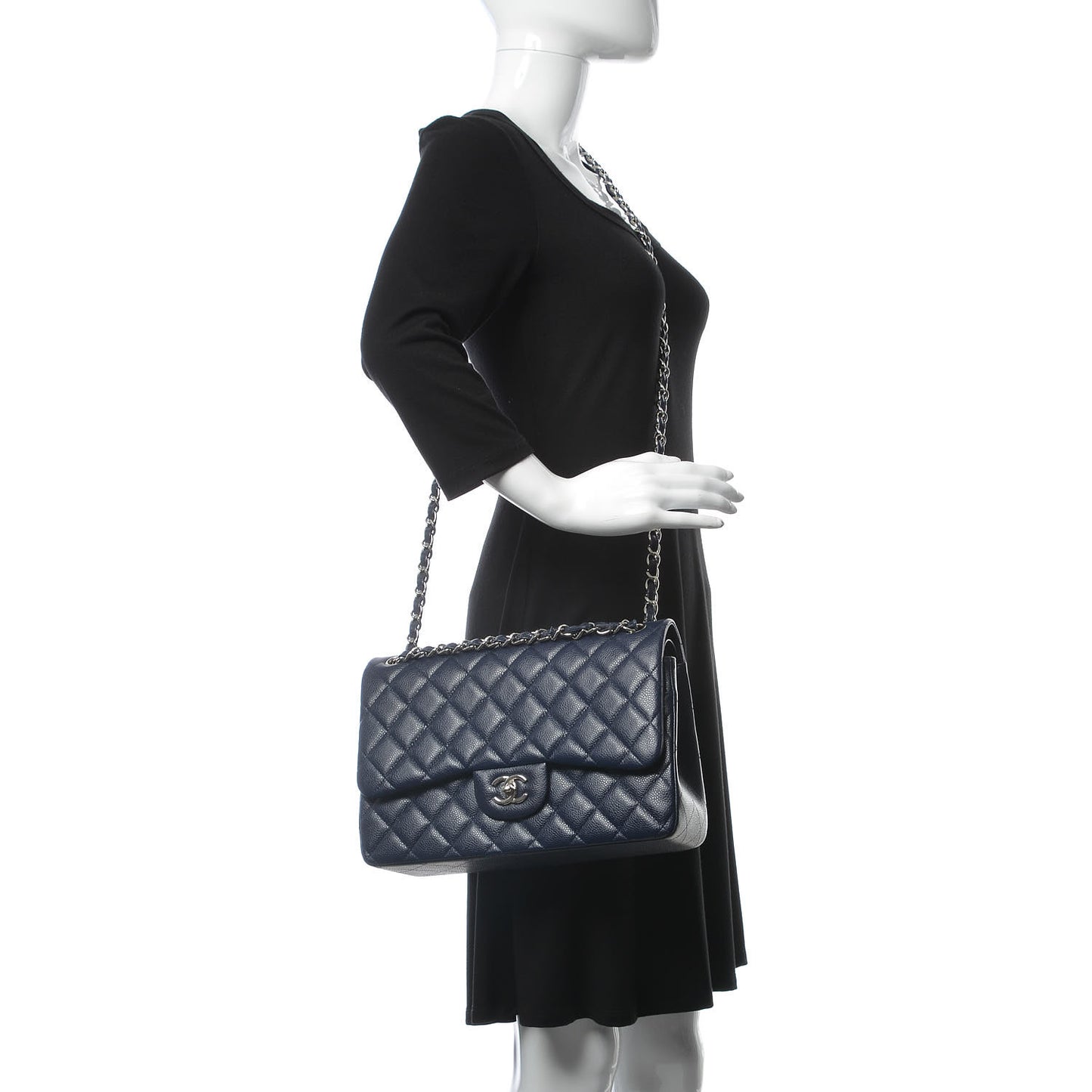 Caviar Quilted Jumbo Double Flap Navy Blue