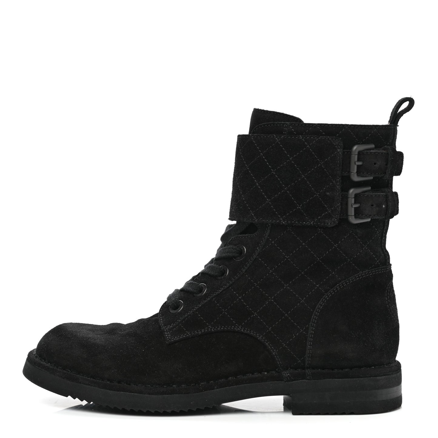 Suede Calfskin Quilted Combat Short Boots 38.5 Black