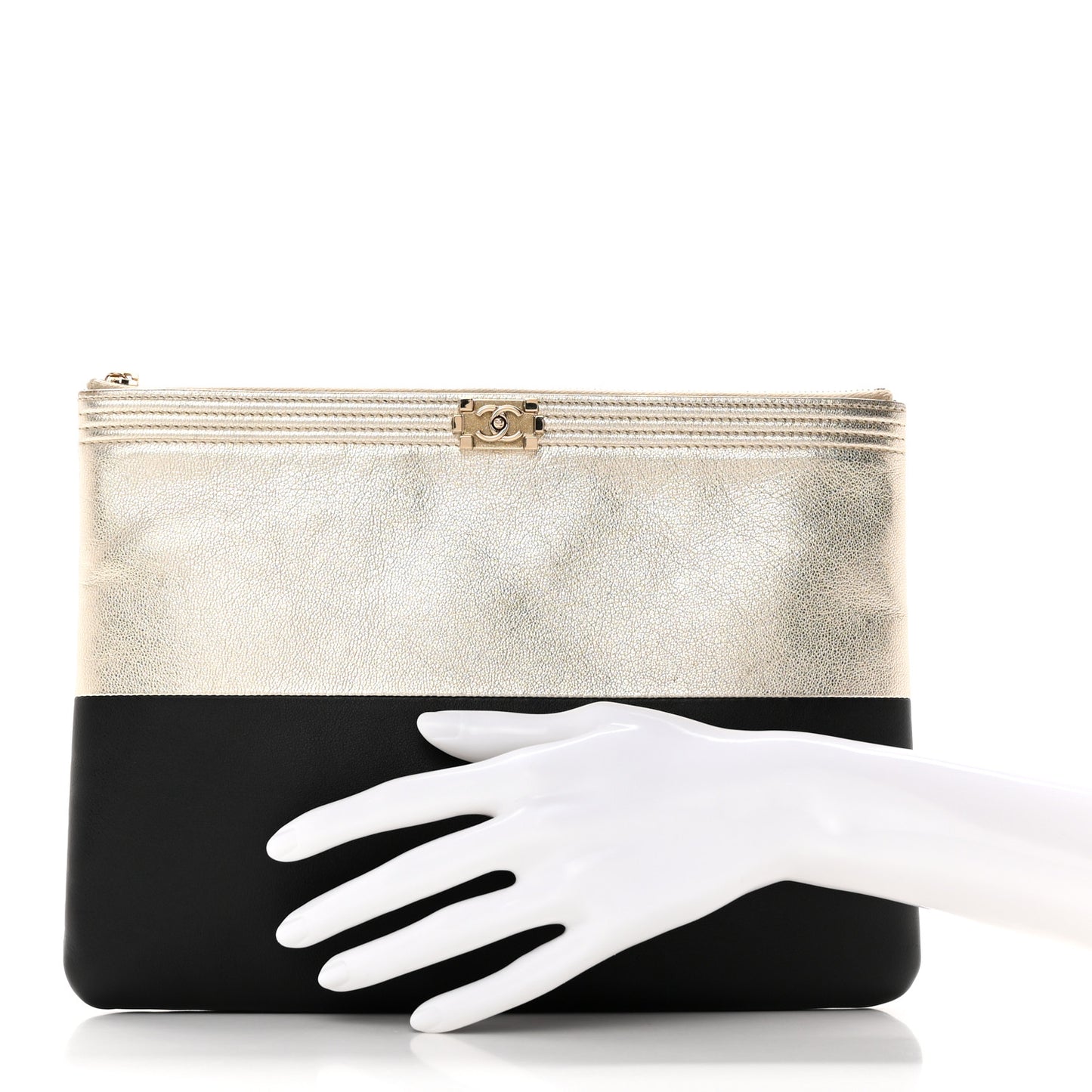 Metallic Goatskin Lambskin Medium Boy Cosmetic Case Black Gold