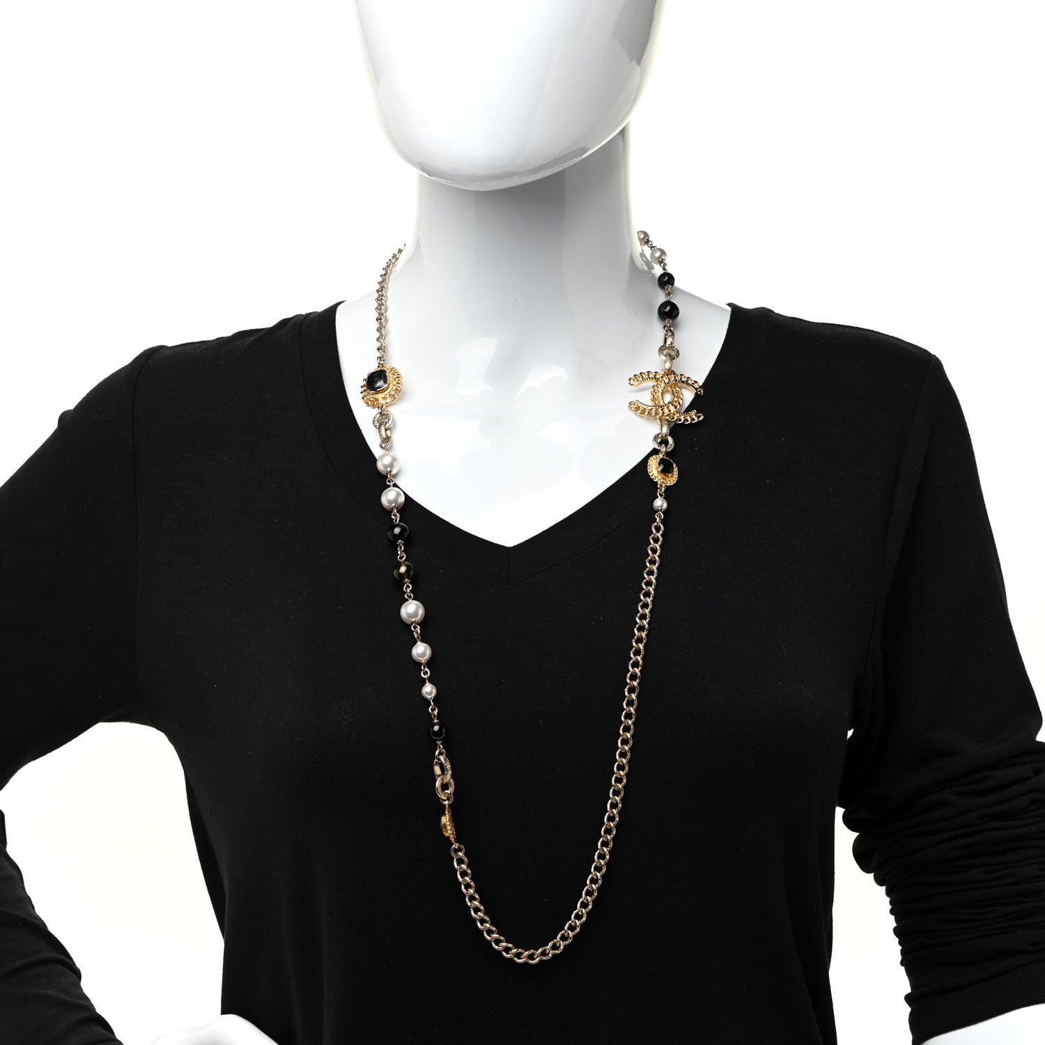 Chanel Enamel Pearl Bead CC Long Necklace Black Gold 2 of 4