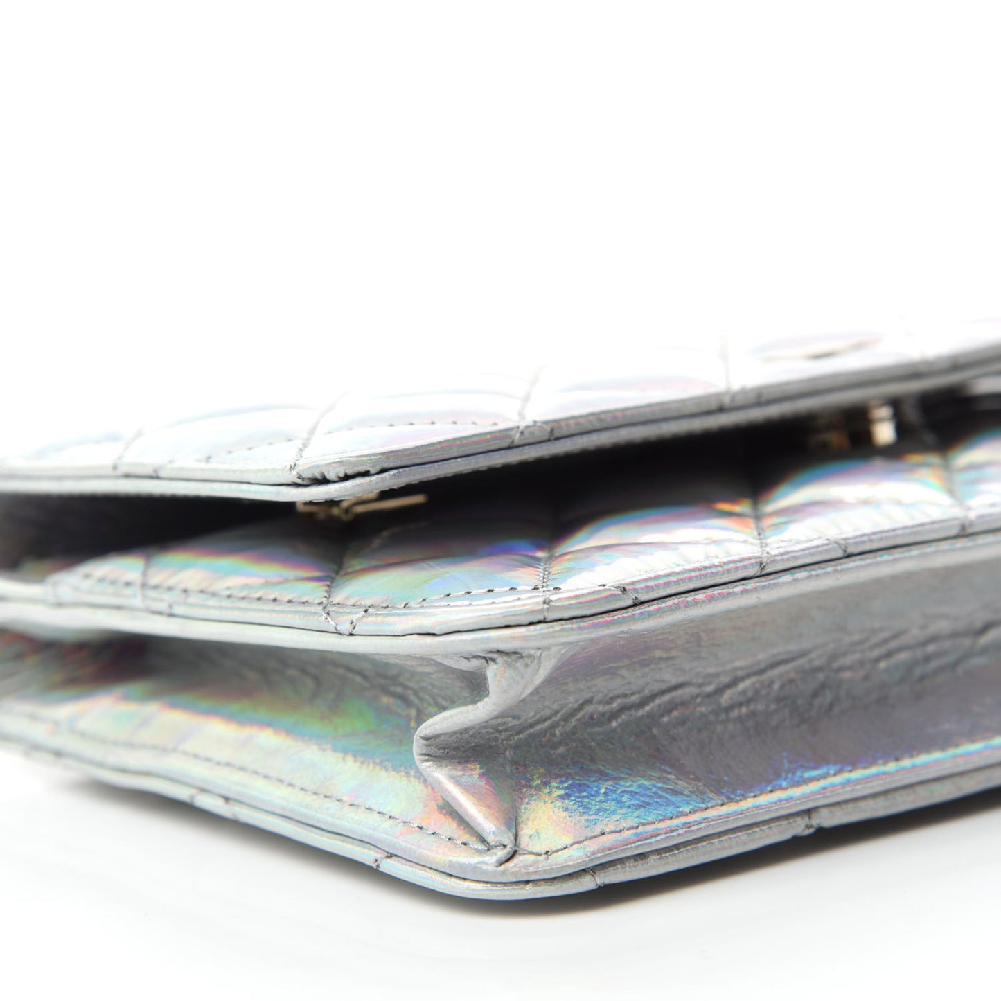 Iridescent Goatskin Quilted Wallet On Chain WOC Silver