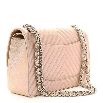 Chanel Metallic Caviar Chevron Quilted Jumbo Double Flap Light Gold 3 of 10