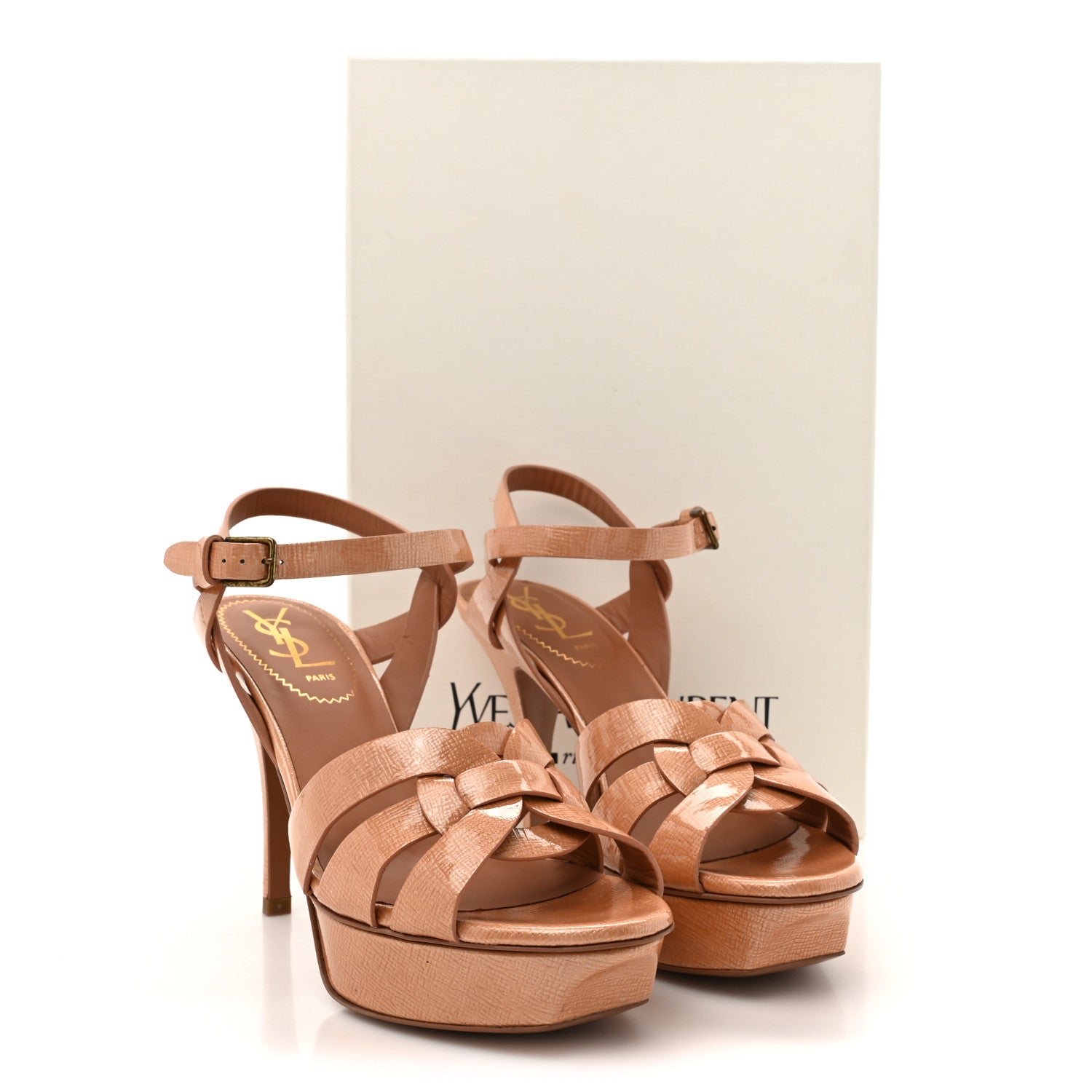 Saint Laurent Patent Calfskin Tribute 75 Platform Sandals 36.5 Light Clay 14 of 14