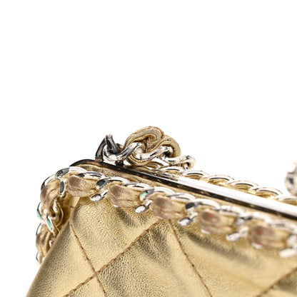 Chanel Metallic Lambskin Quilted Chain Around Kiss Lock Evening Clutch Gold 13 of 15