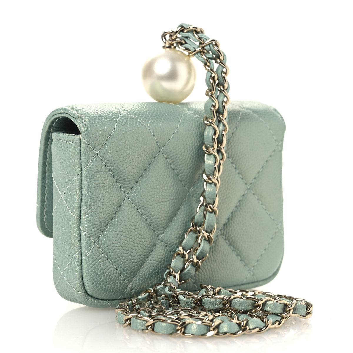 Chanel Iridescent Caviar Quilted Pearl On Top Coin Purse With Chain Light Green 3 of 12