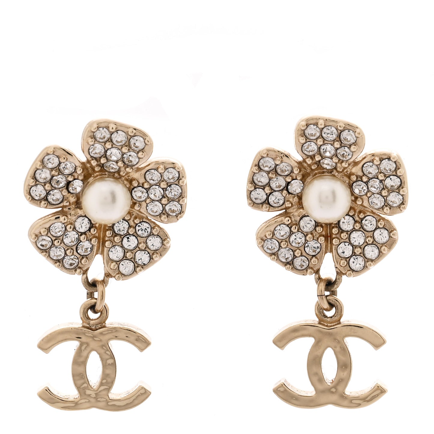 Pearl Crystal CC Flower Drop Earrings Gold White