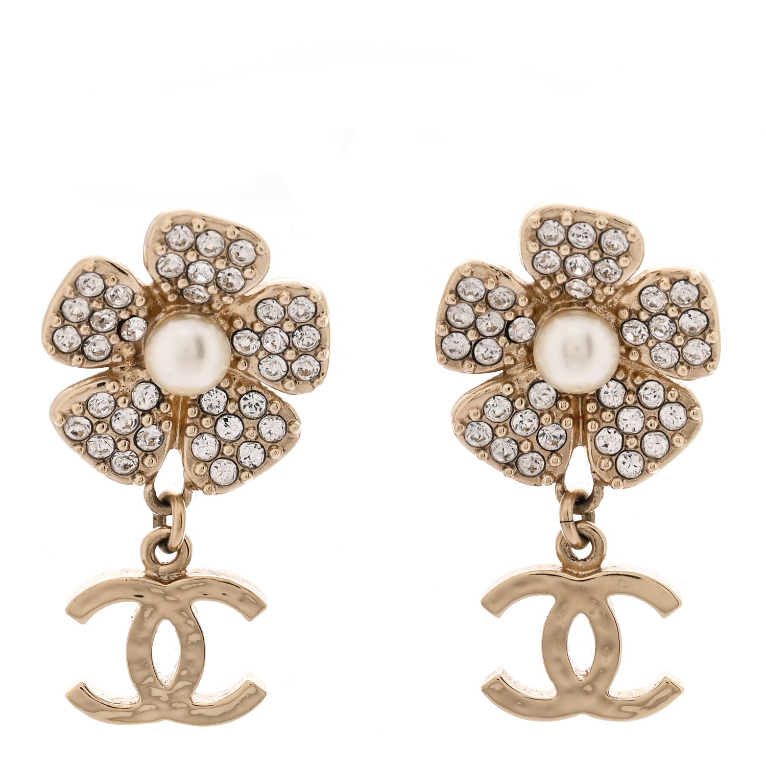 Chanel Pearl Crystal CC Flower Drop Earrings Gold White 1 of 5