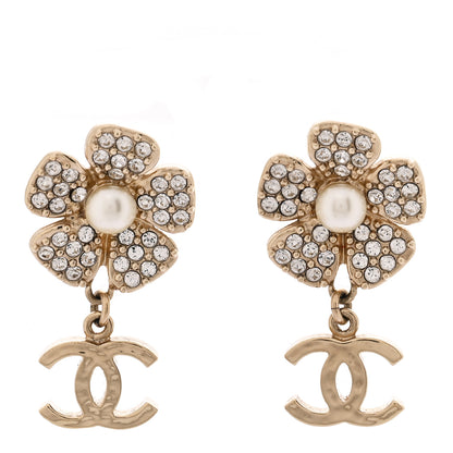 Chanel Pearl Crystal CC Flower Drop Earrings Gold White 1 of 5