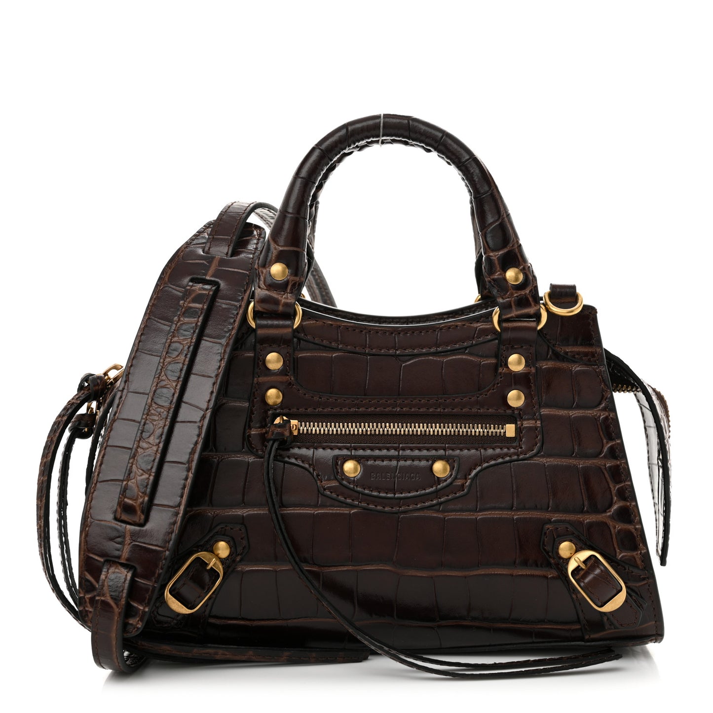 Semi Shiny Calfskin Crocodile Embossed Neo Classic Gold Hardware Mini City Dark Brown