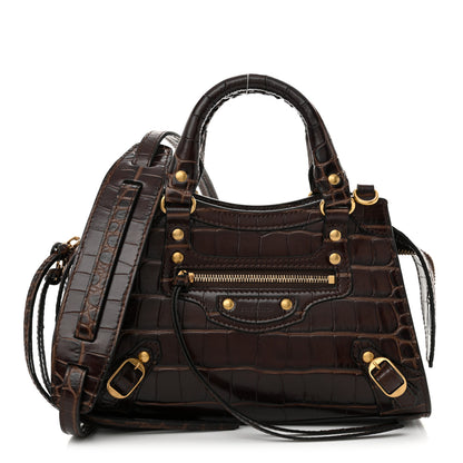 Balenciaga Semi Shiny Calfskin Crocodile Embossed Neo Classic Gold Hardware Mini City Dark Brown 1 of 10