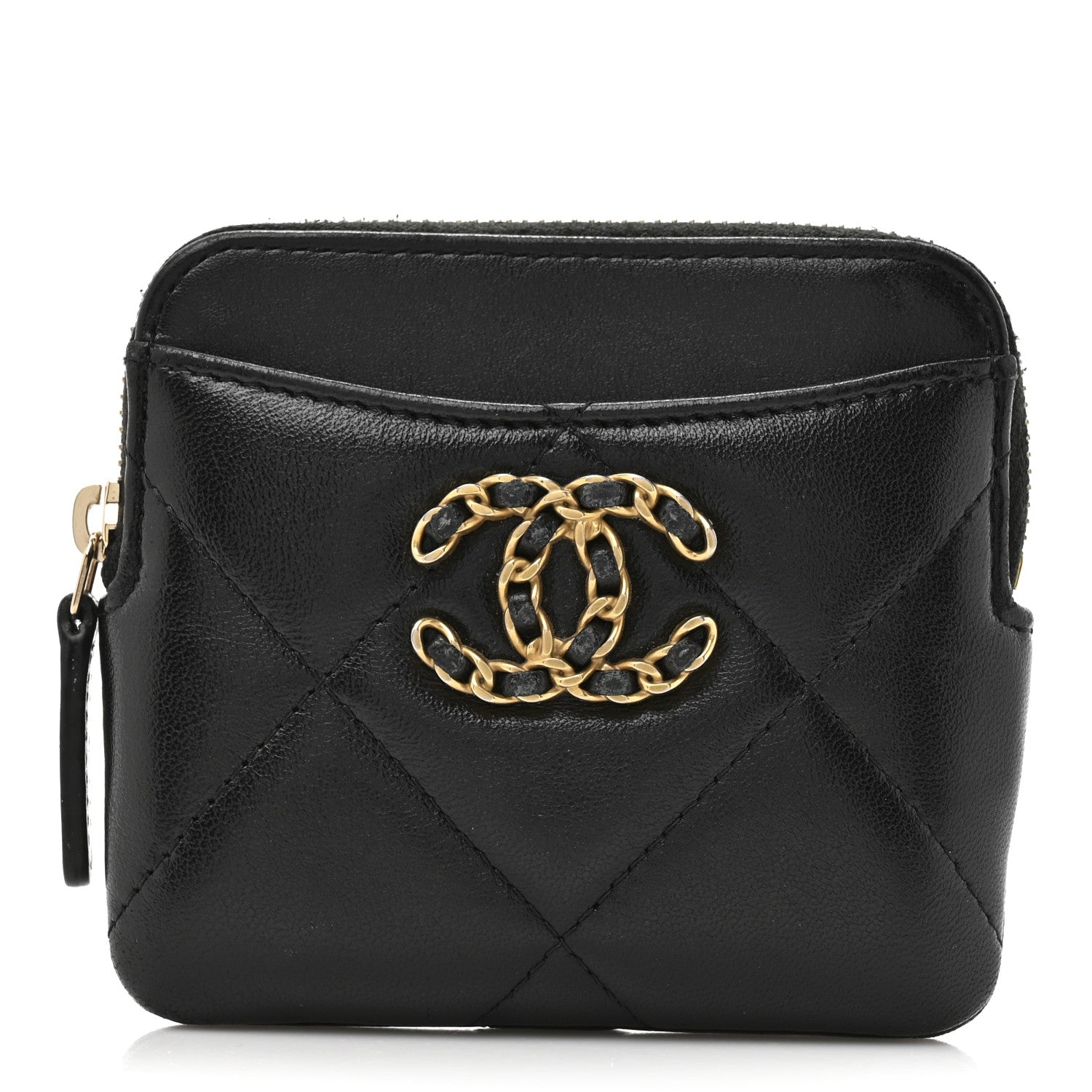 Chanel Lambskin Quilted Chanel 19 Zip Card Holder Wallet Black 1 of 10
