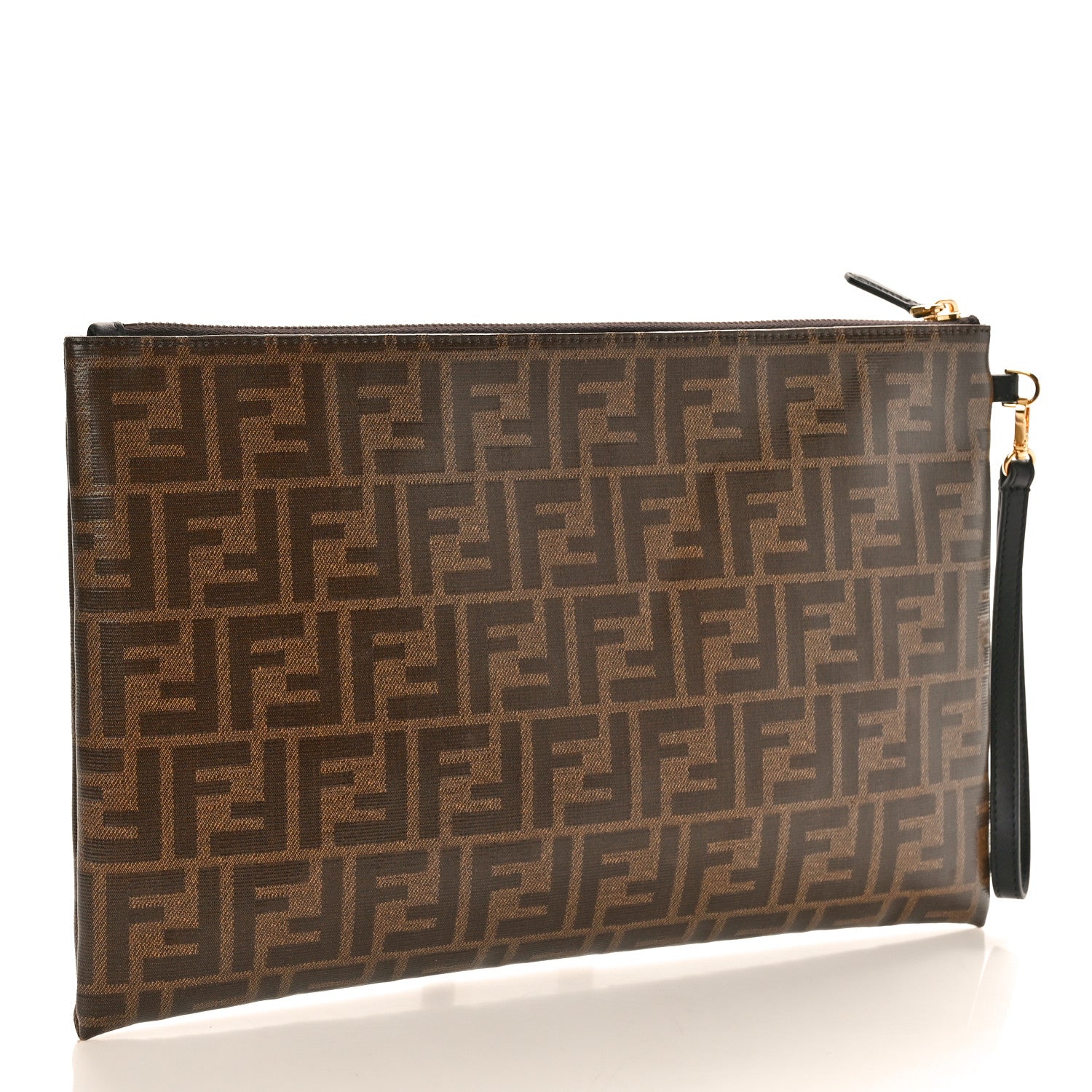 Fendi Glazed Fabric Vitello Century FF 1974 Stamp Patch Large Flat Pouch Mogano Panna Black 3 of 8