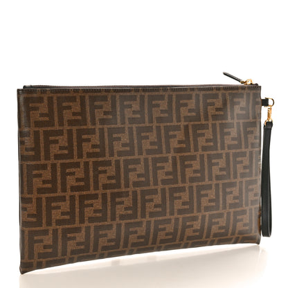 Fendi Glazed Fabric Vitello Century FF 1974 Stamp Patch Large Flat Pouch Mogano Panna Black 3 of 8