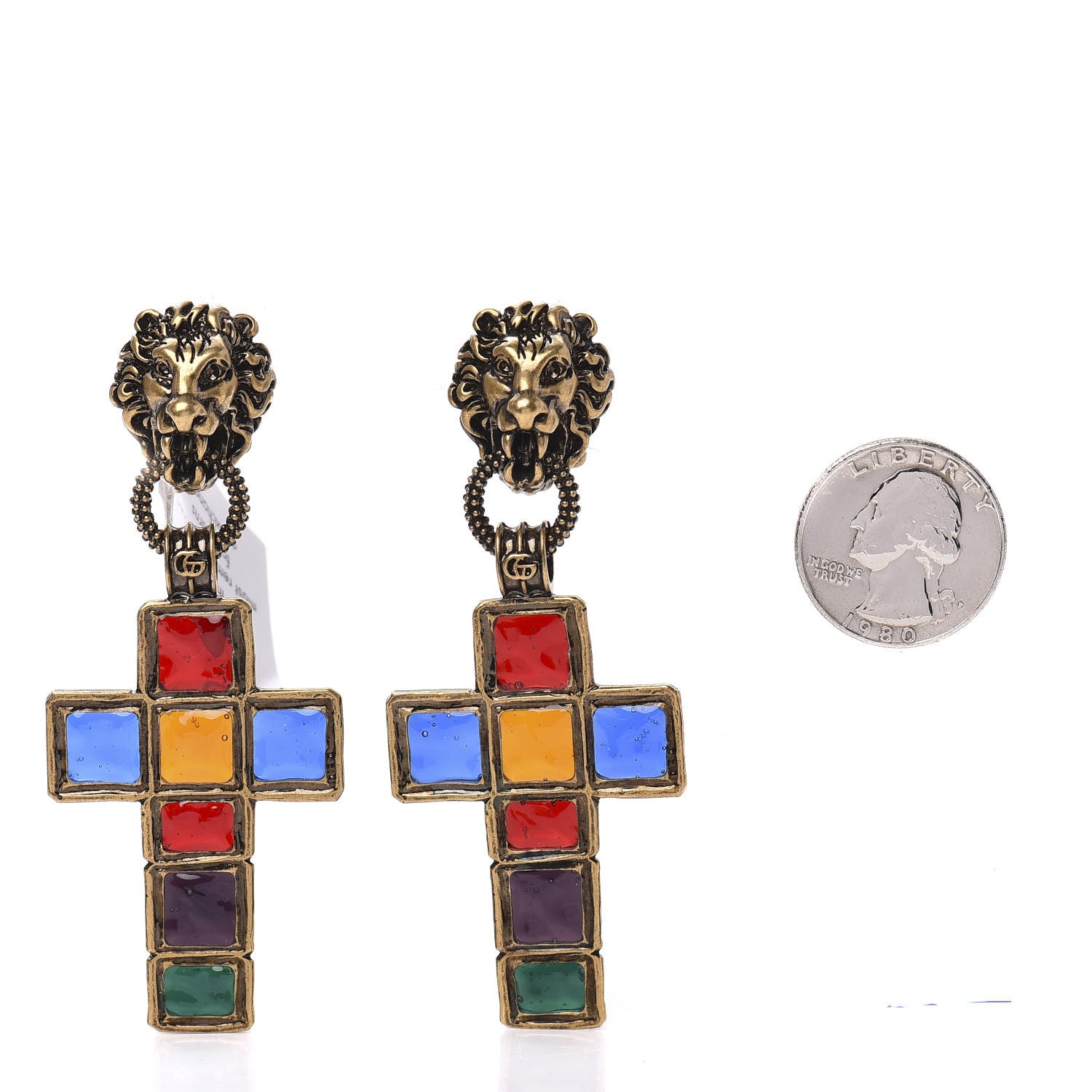 Gucci Metal Enamel Lion Cross Clip On Earrings Multicolor 2 of 5