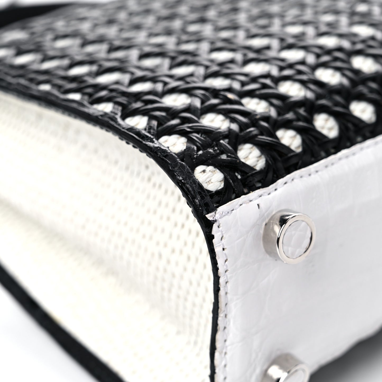Crocodile Woven Top Handle Bag White Black