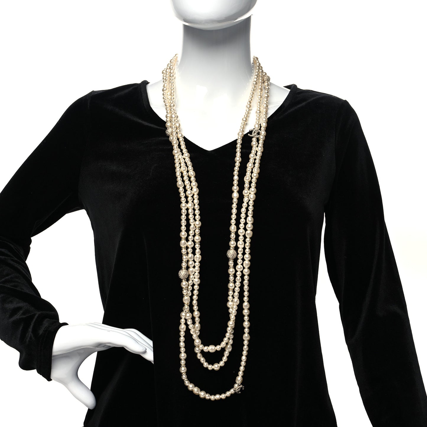 Crystal Pearl CC Long Necklace Gold