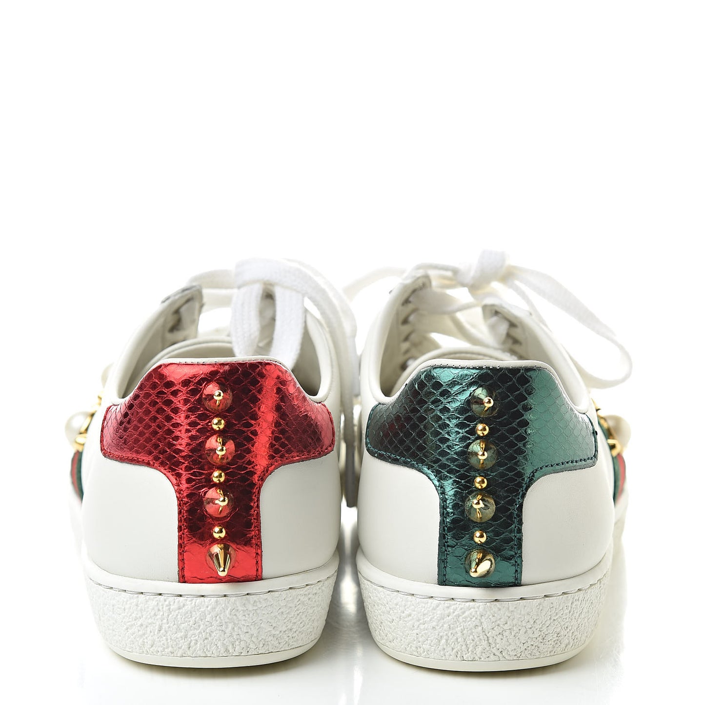 Calfskin Web Pearl Studded Womens Ace Sneakers 35 White