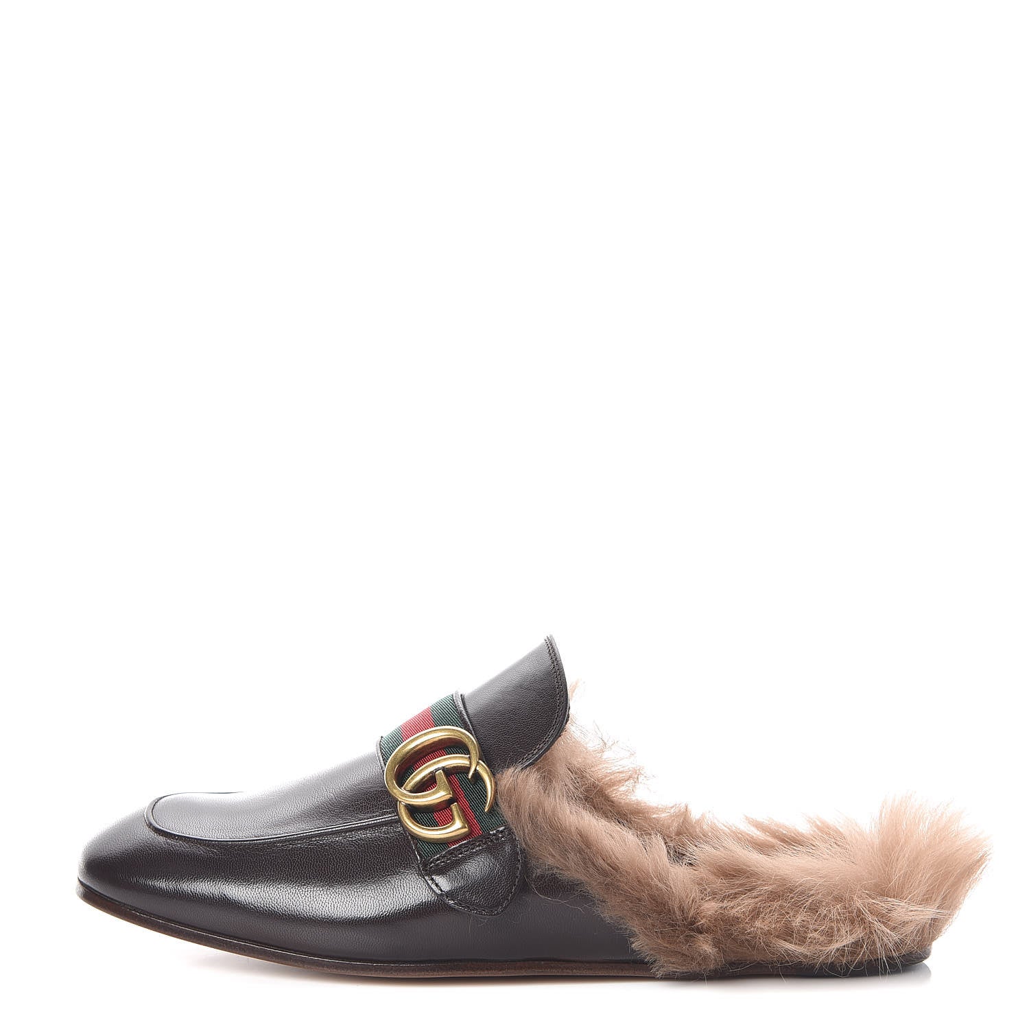 Gucci Goatskin Fur Web GG Mens Princetown Slippers 5 Cocoa 1 of 8