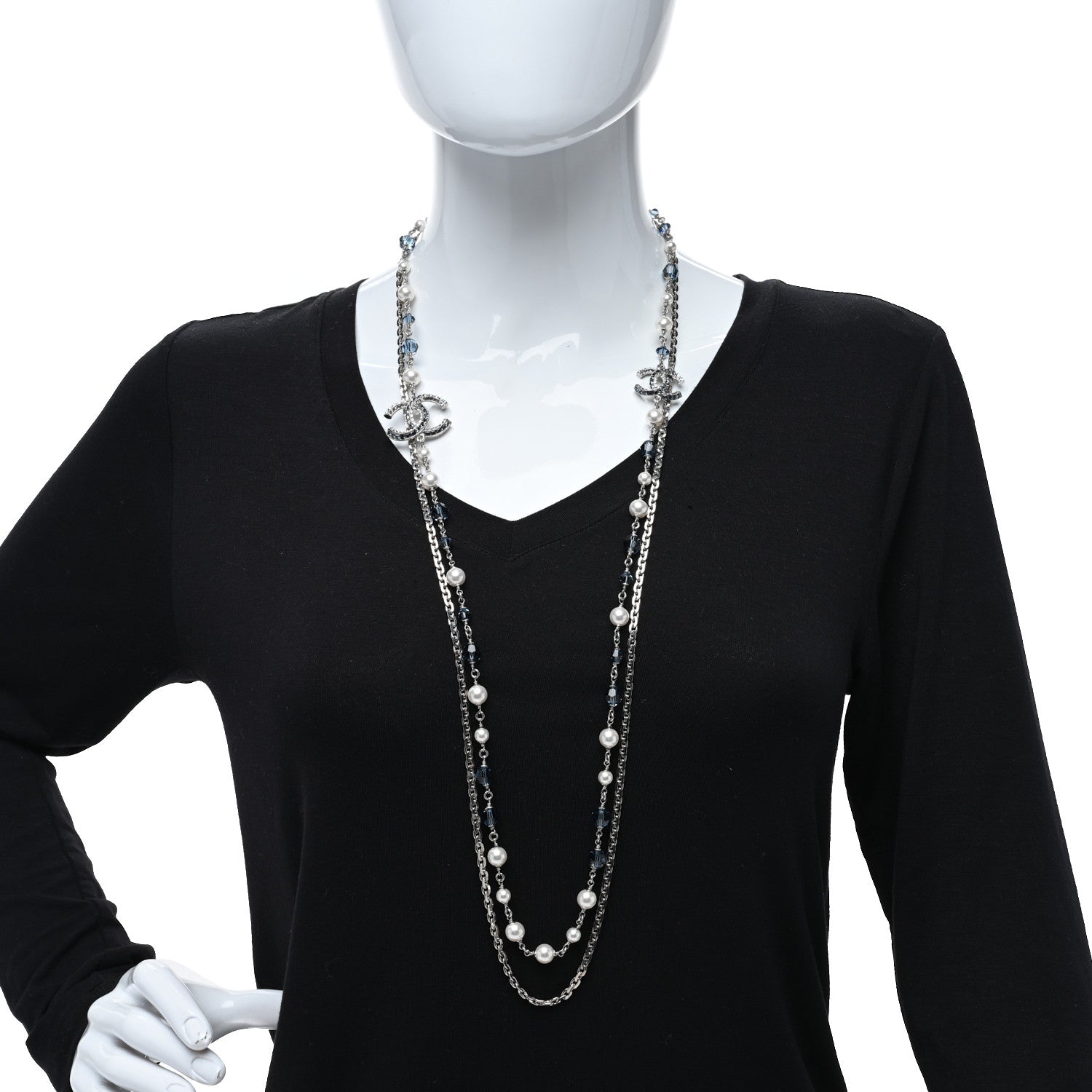 Chanel Pearl Crystal Bead CC Long Necklace Silver Blue 3 of 4