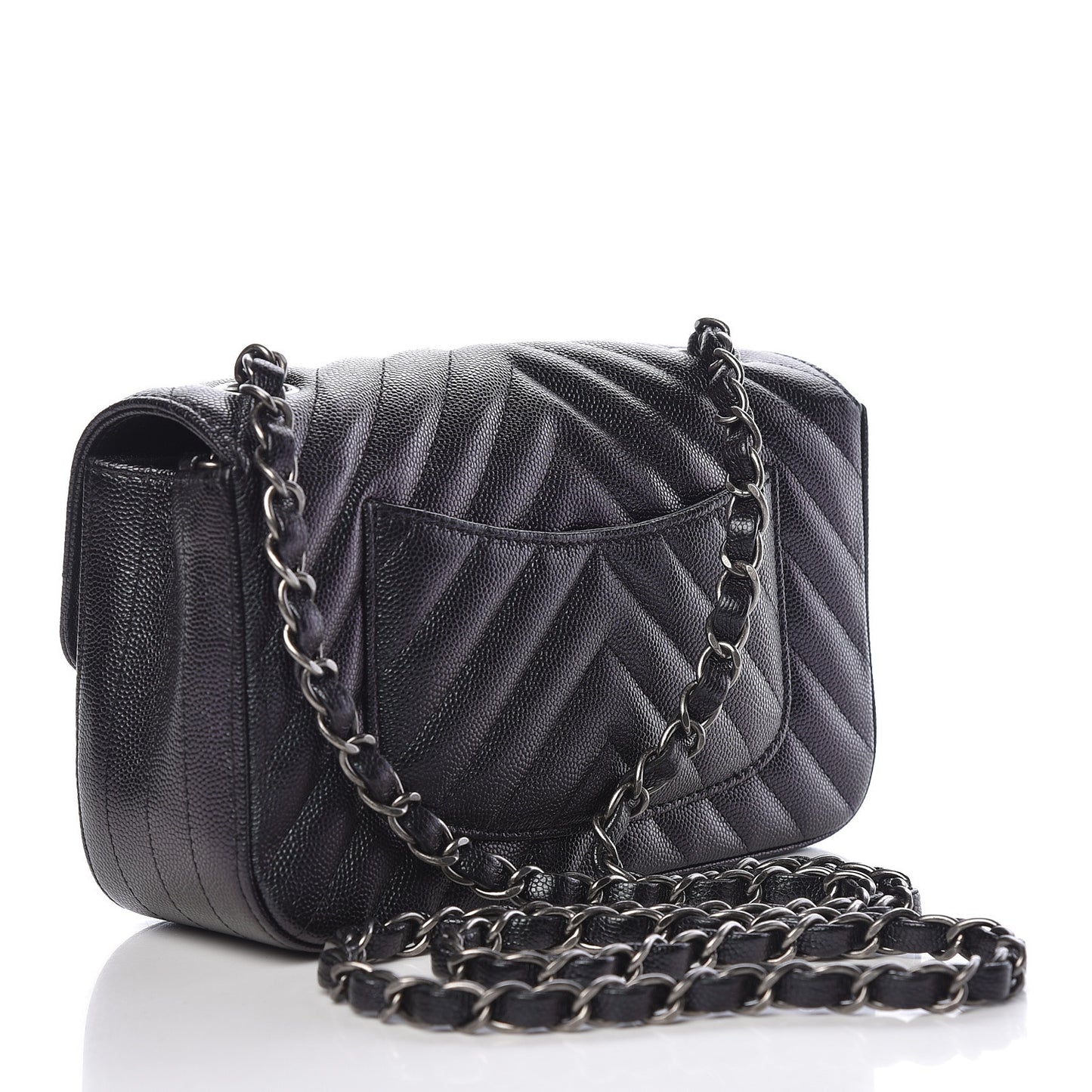 Iridescent Caviar Chevron Quilted Mini Rectangular Flap Black