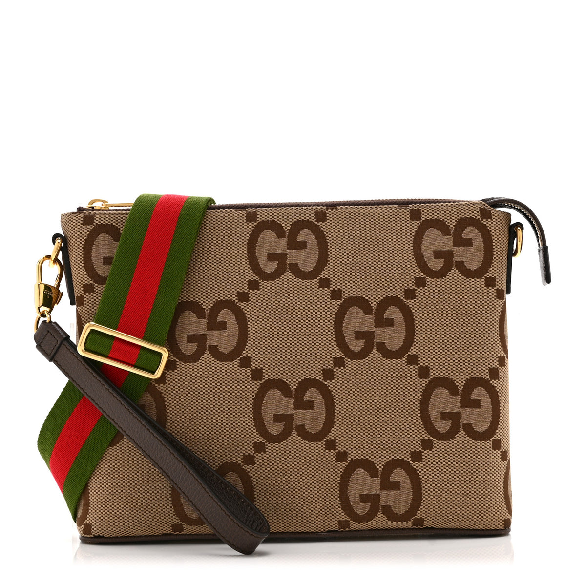 Monogram Jumbo GG Textured Dollar Calfskin Web Wristlet Messenger Bag Camel Ebony New Acero
